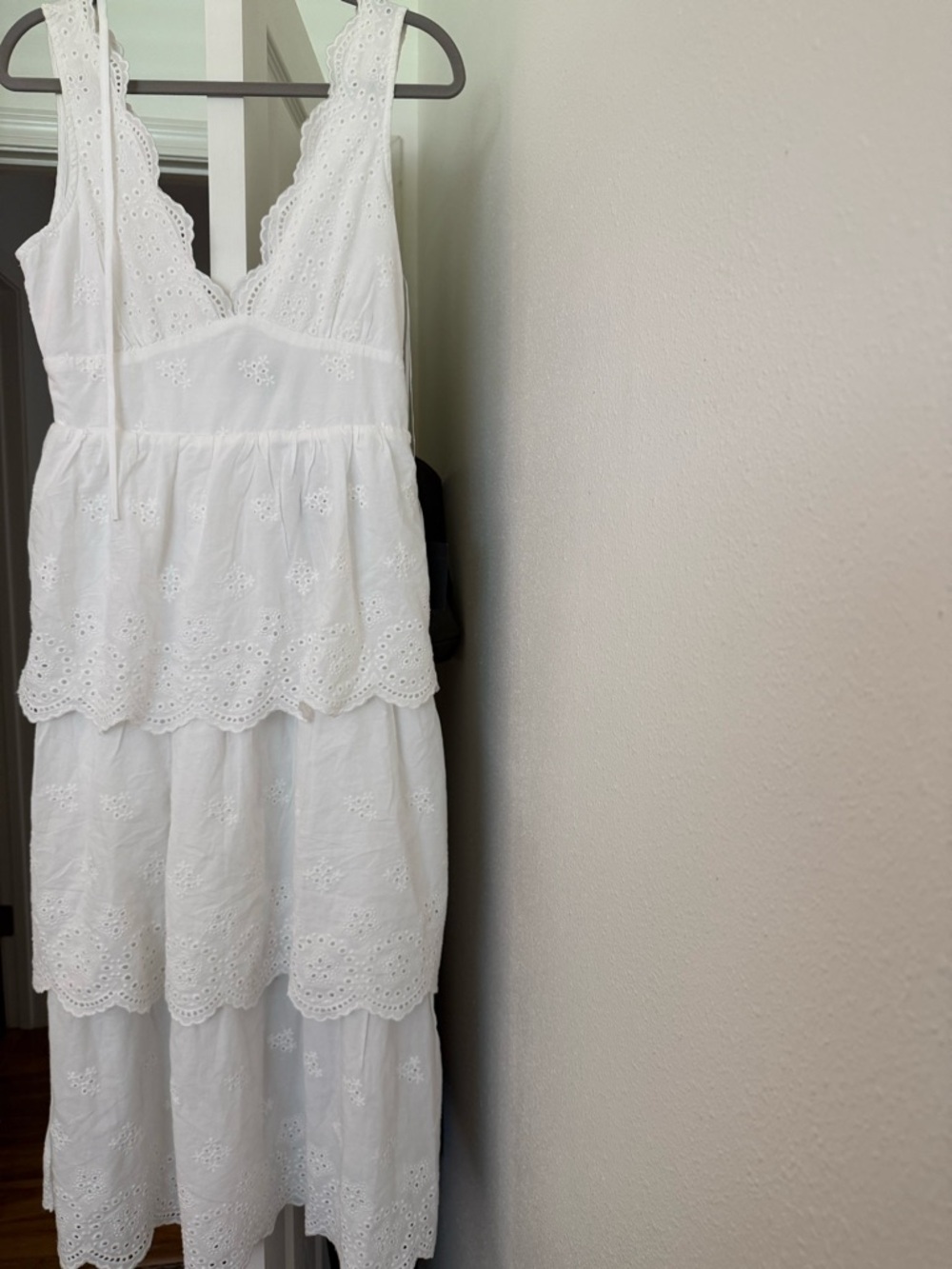 Lulu's White Eyelet Tiered Midi Dress with Scalloped V-Neck